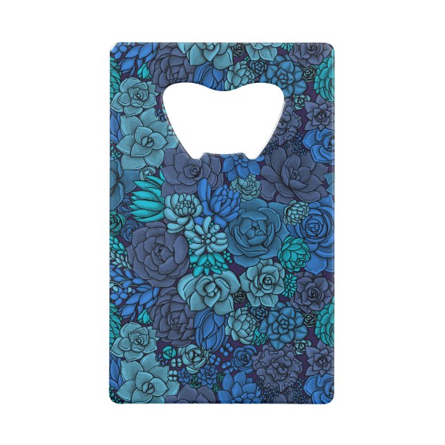 Succulent garden in blue credit card bottle opener (Front)