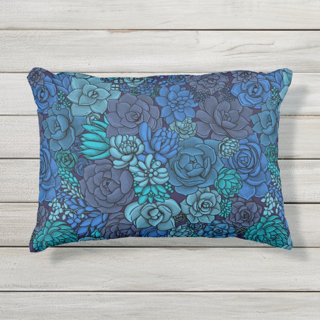 Succulent garden in blue outdoor pillow (Front)