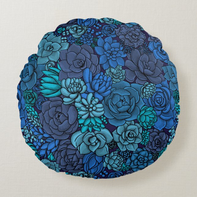 Succulent garden in blue round pillow (Front)