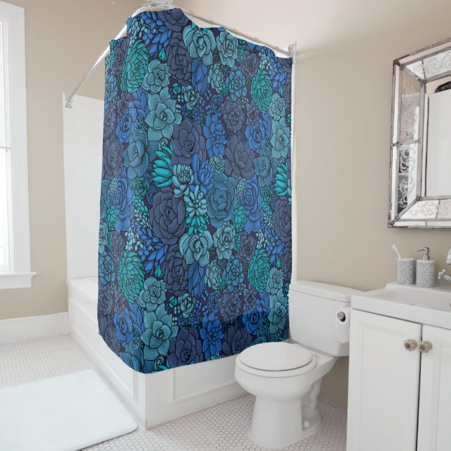Succulent garden in blue shower curtain (In Situ)