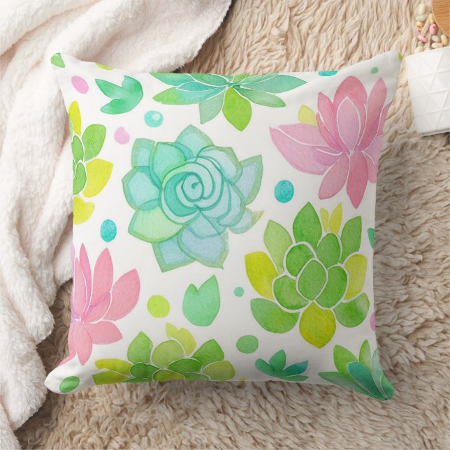 Succulent garden in pastel watercolor pattern throw pillow (Blanket)