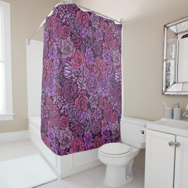 Succulent garden in pink and violet shower curtain (In Situ)
