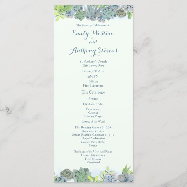 Succulent Garden Steel Blue Wedding Program (Front)