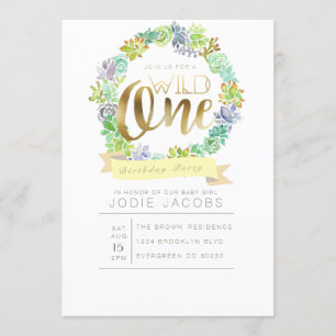 Succulent Garden   Watercolor First Birthday Invitation