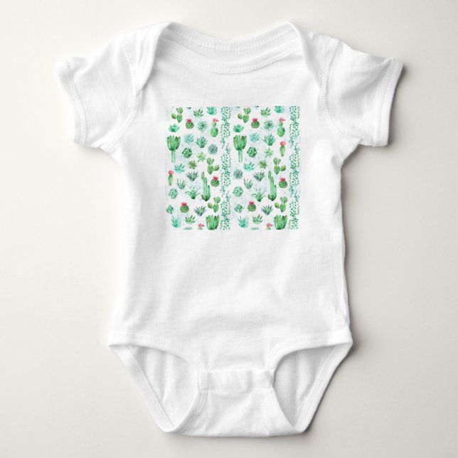 Succulent Garden: Watercolor Seamless Background. Baby Bodysuit (Front)