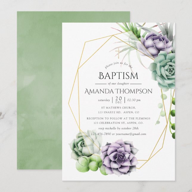 Succulent Geometric Baptism or Christening Invitation (Front/Back)