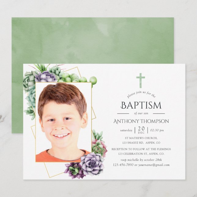 Succulent Geometric Baptism or Christening Photo Invitation (Front/Back)