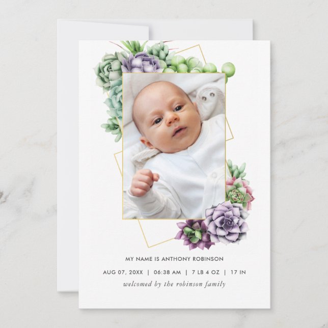 Succulent Geometric Birth Announcement Photo Card (Front)