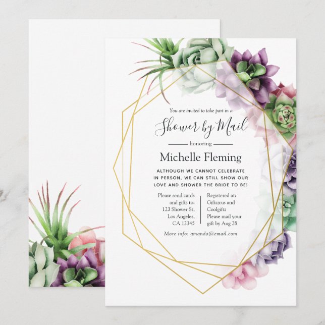 Succulent Geometric Bridal or Baby Shower by Mail Invitation (Front/Back)