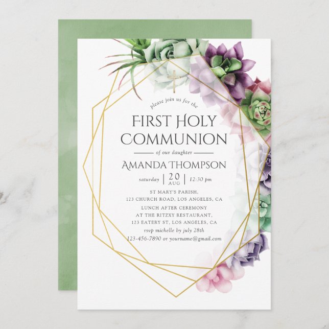 Succulent Geometric First Holy Communion Invitation (Front/Back)