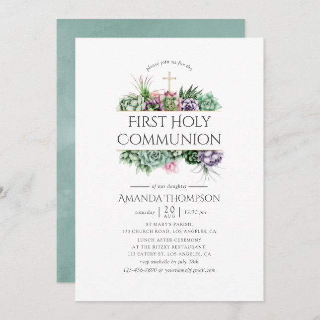 Succulent Geometric First Holy Communion Invitation (Front/Back)