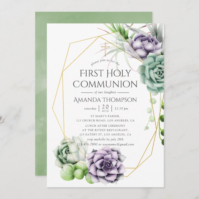 Succulent Geometric First Holy Communion Invitation (Front/Back)