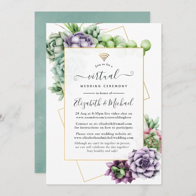 Succulent Geometric Online Virtual Wedding Invitation (Front/Back)