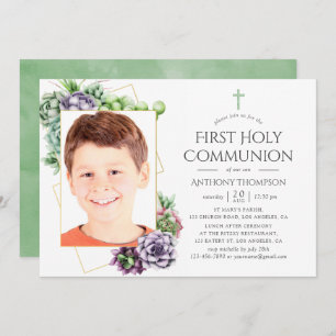 Succulent Geometric Photo First Holy Communion Invitation