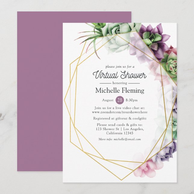 Succulent Geometric Virtual Bridal or Baby Shower Invitation (Front/Back)