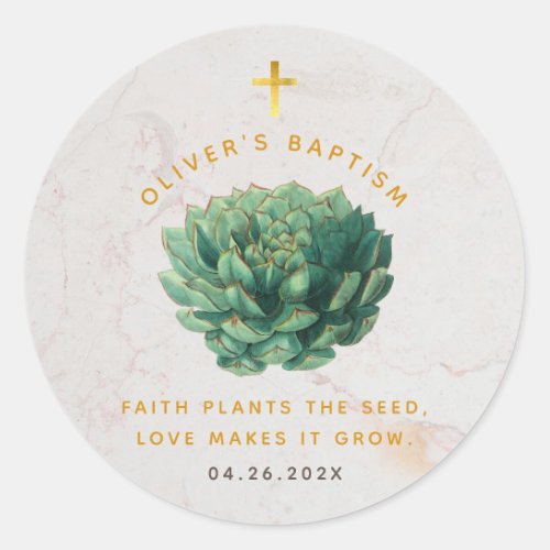 Succulent Gold Faith Plants the Seed Baptism Favor Classic Round Sticker