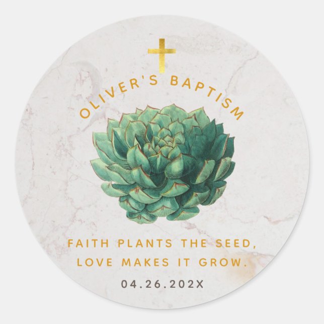 Succulent Gold Faith Plants the Seed Baptism Favor Classic Round Sticker (Front)