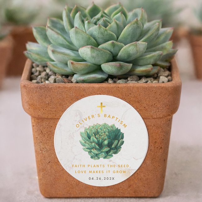 Succulent Gold Faith Plants the Seed Baptism Favor Classic Round Sticker (Creator Uploaded)