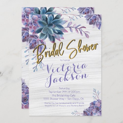 Succulent Gold Foil Watercolor Bridal Shower Invitation