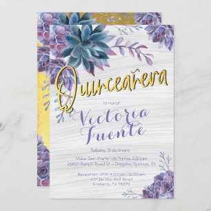 Succulent Gold Foil Watercolor Quinceañera Invitation