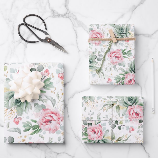 Succulent Gold Greenery and Pink Flowers Elegant Wrapping Paper Sheets (Front)