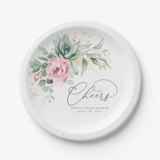 Succulent Gold Greenery Pink Floral Cheers  Paper Plates (Front)