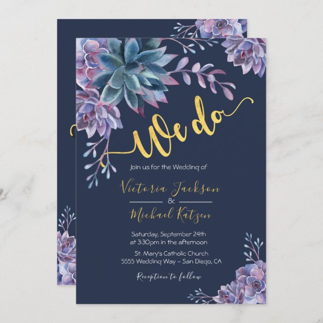 Succulent Gold Navy Watercolor Wedding invitations (Front/Back)