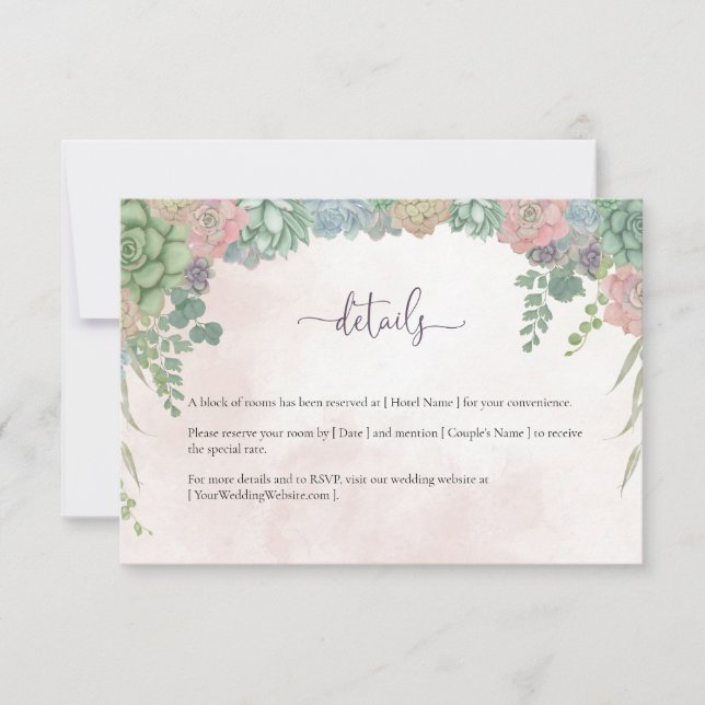 Succulent Green and Blush Wedding Details Card (Front)