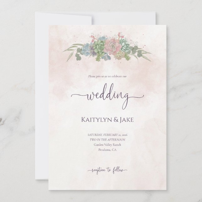 Succulent Green and Blush Wedding Invitation (Front)