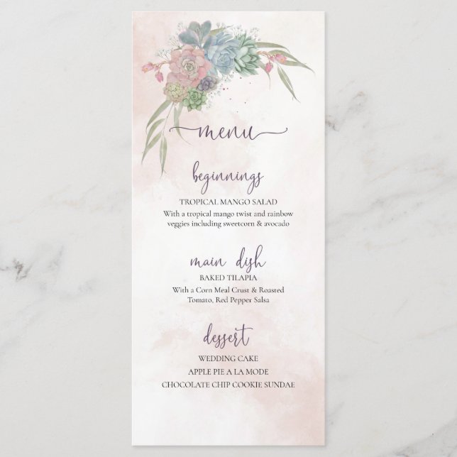 Succulent Green and Blush Wedding Menu (Front)