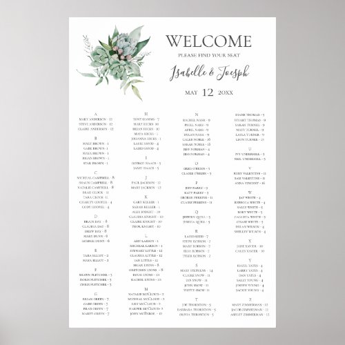 Succulent Greenery  Alphabetical Seating Chart