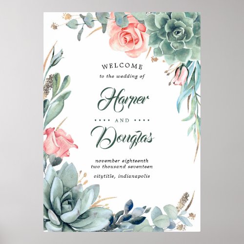 Succulent Greenery Blush Pink Wedding Welcome Sign