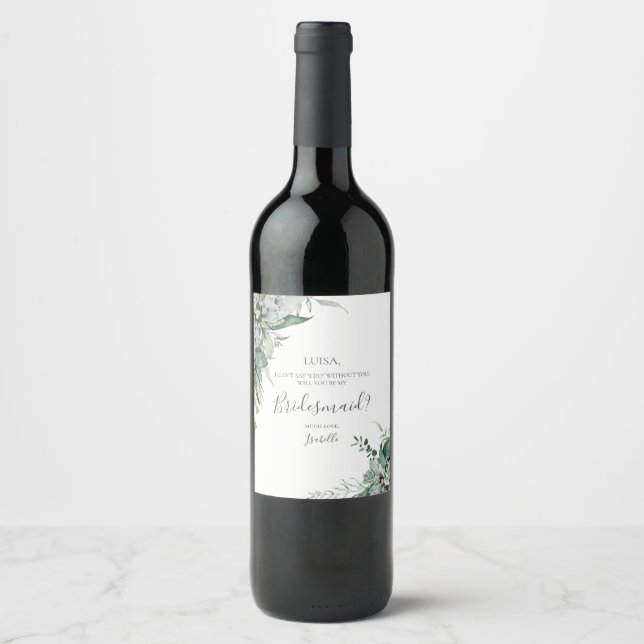 Succulent Greenery Bridesmaid Proposal Wine Label (Front)