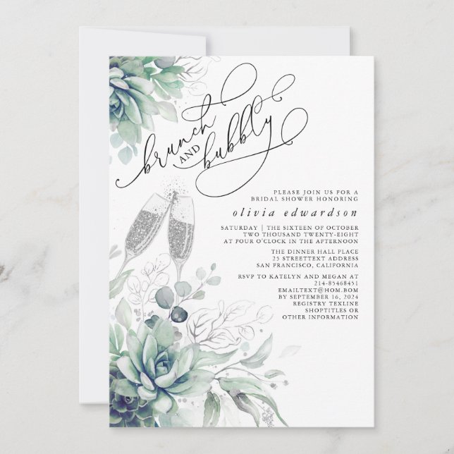 Succulent Greenery Brunch and Bubbly Bridal Shower Invitation (Front)