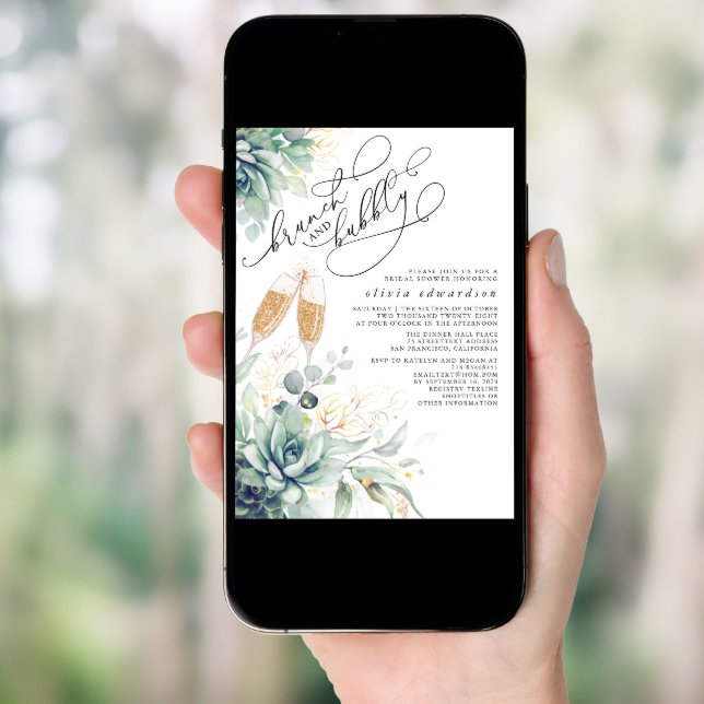 Succulent Greenery Brunch and Bubbly Bridal Shower Invitation (Front Digital)