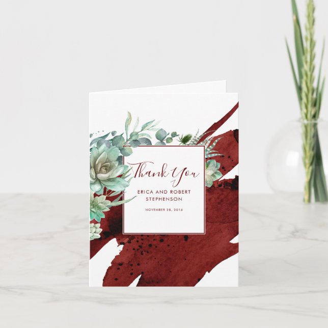 Succulent Greenery Burgundy Red Modern Thank You Card (Front)