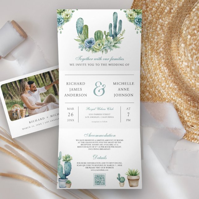 Succulent Greenery Cactus Photo QR Code Wedding Tri-Fold Invitation (Creator Uploaded)