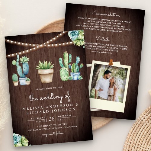 Succulent Greenery Cactus Pots Barn Wood Wedding Invitation