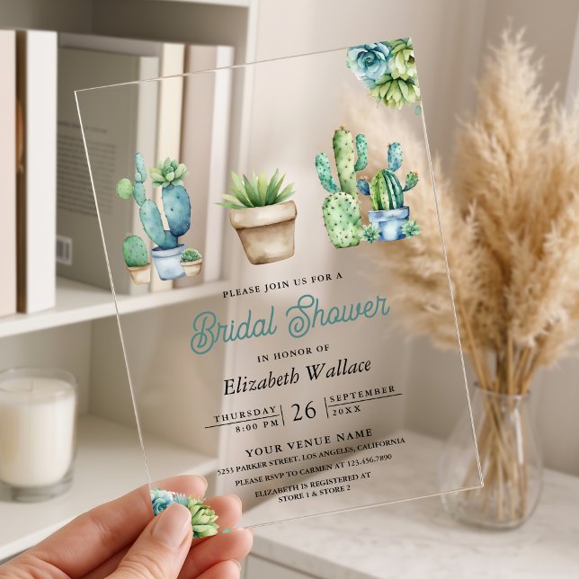 Succulent Greenery Cactus Pots Bridal Shower Acrylic Invitations (Creator Uploaded)