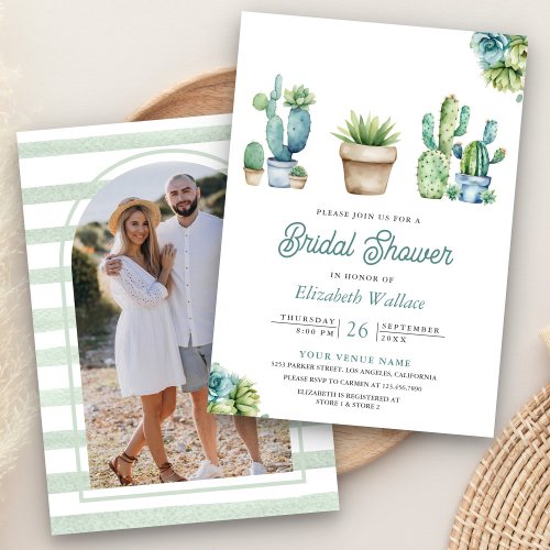 Succulent Greenery Cactus Pots Photo Bridal Shower Invitation