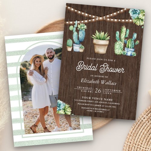 Succulent Greenery Cactus Pots Wood Bridal Shower Invitation