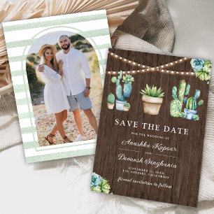 Succulent Greenery Cactus Pots Wood Photo Wedding Save The Date