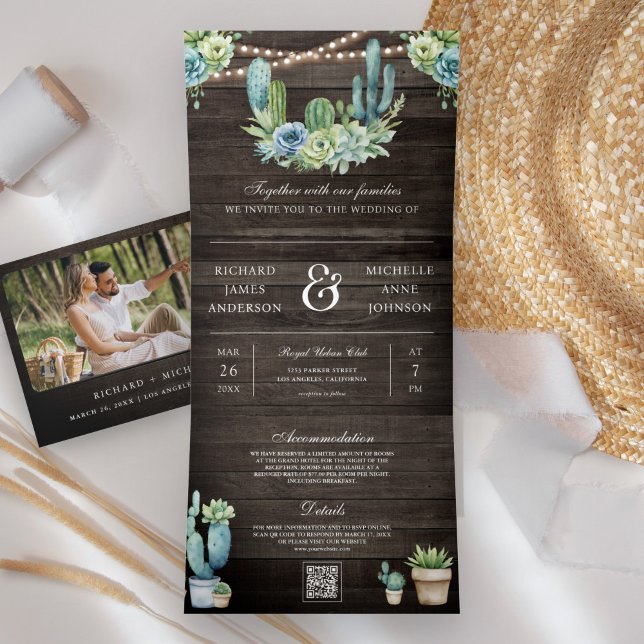 Succulent Greenery Cactus Wood QR Code Wedding Tri-Fold Invitation (Creator Uploaded)