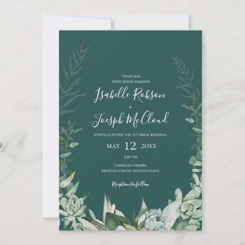 Succulent Greenery  Dark Green All In One Wedding Invitation