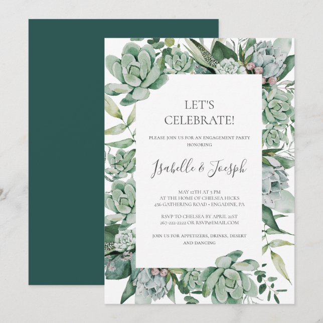 Succulent Greenery | Dark Green Let's Celebrate In Invitation (Front/Back)