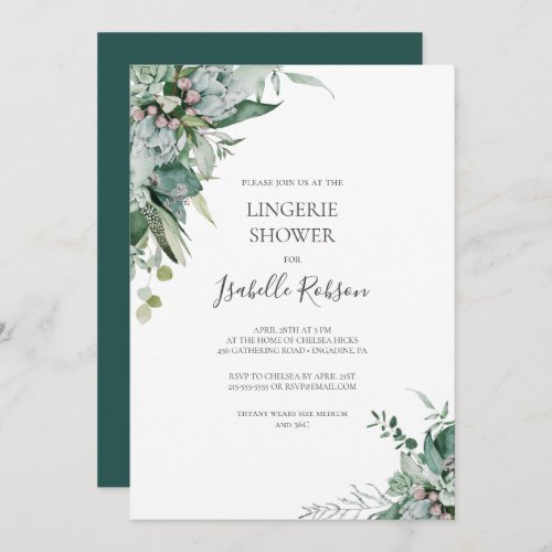 Succulent Greenery  Dark Green Lingerie Shower Invitation