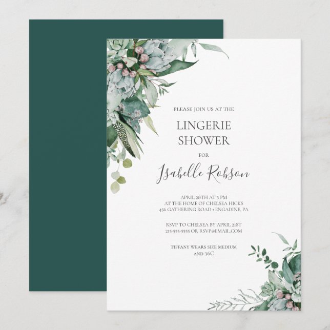 Succulent Greenery | Dark Green Lingerie Shower Invitation (Front/Back)