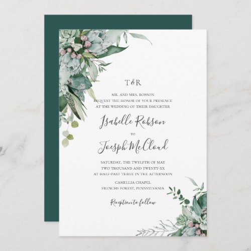 Succulent Greenery Dark Green Monogram Wedding Invitation