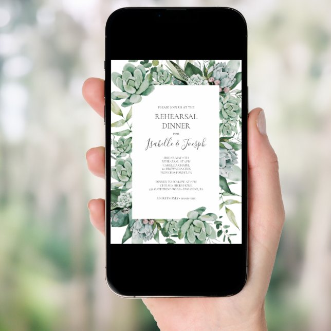 Succulent Greenery | Dark Green Rehearsal Dinner Invitation (Front Digital)