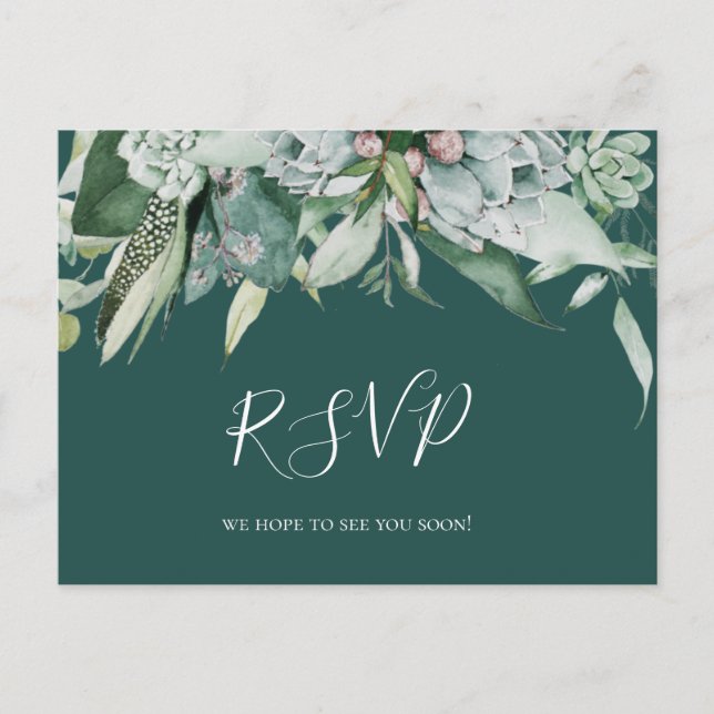 Succulent Greenery | Dark Green Song Request RSVP Postcard (Front)